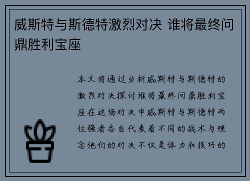 威斯特与斯德特激烈对决 谁将最终问鼎胜利宝座
