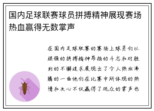 国内足球联赛球员拼搏精神展现赛场热血赢得无数掌声