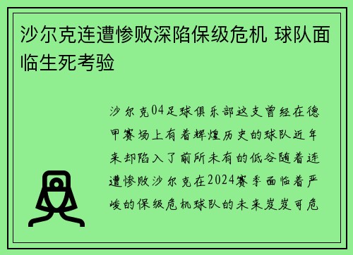沙尔克连遭惨败深陷保级危机 球队面临生死考验