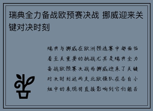 瑞典全力备战欧预赛决战 挪威迎来关键对决时刻